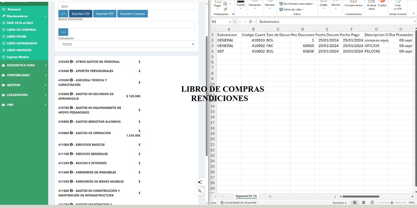 Libro de compras y contabilidad del sistema ContaColegios